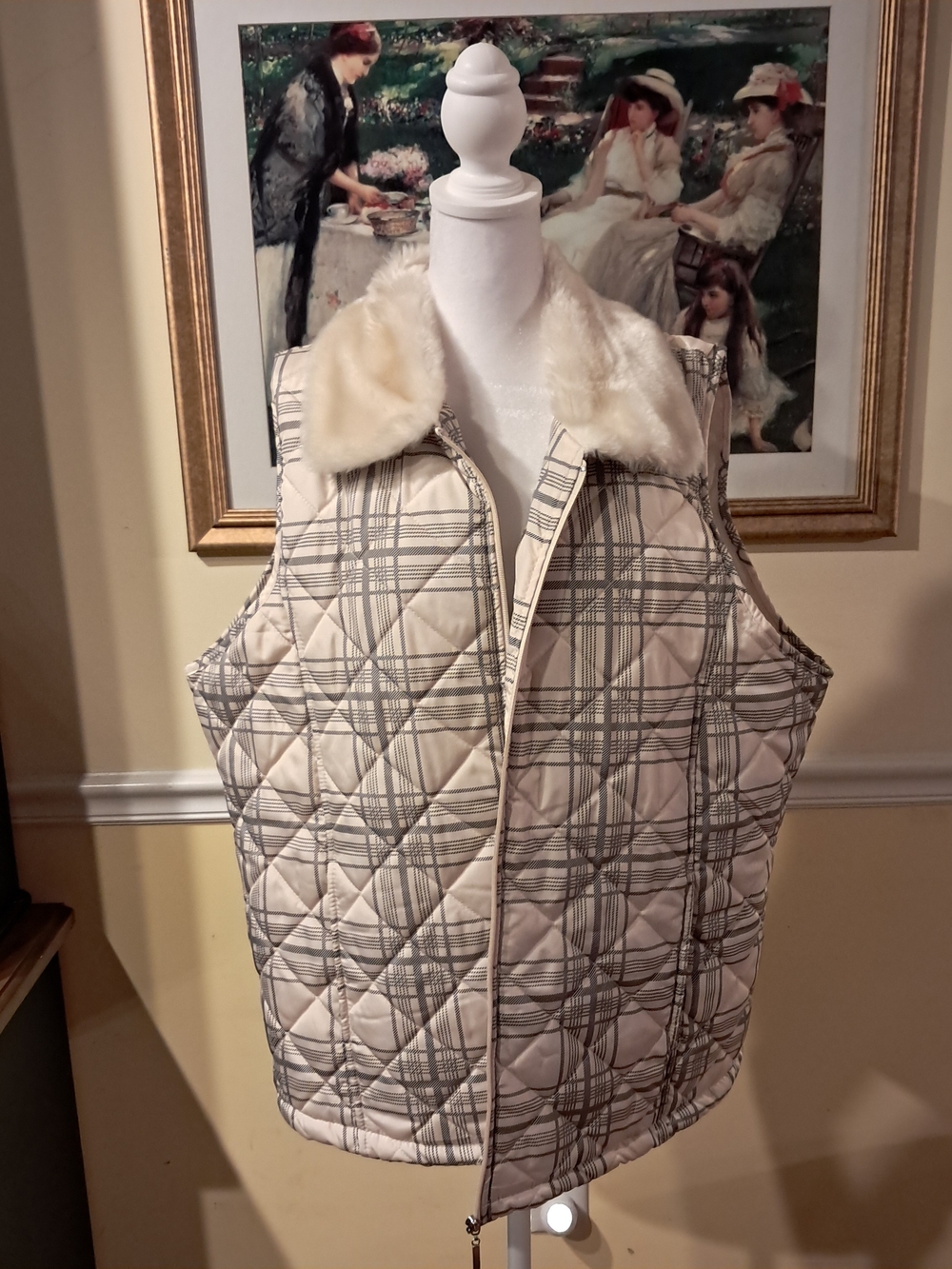 Carolyn Taylor Quilted Plaid Faux-Fur Collar Vest - Cream/Gray Size 1X